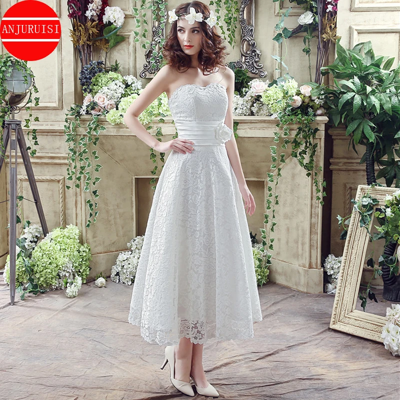 Superb France Lace Short Wedding Dresses Boho 2021 Vestidos De Novia Summer Bridal Gown With Flower Robe Mariage Boda Trouwjurk