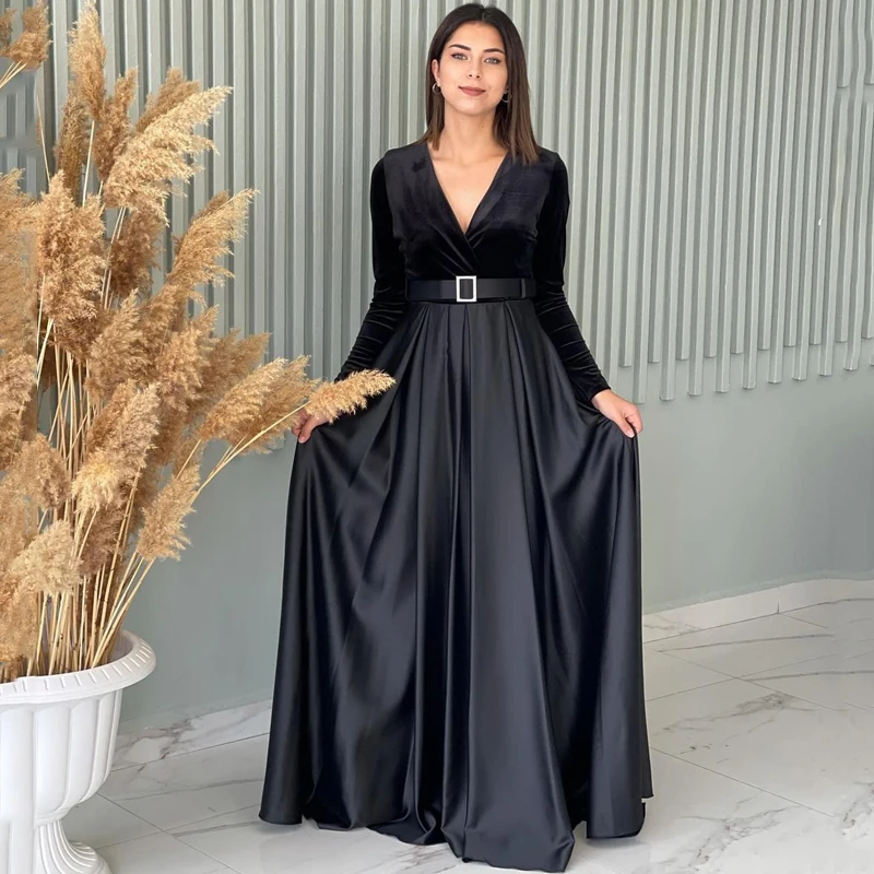 

Thinyfull Sexy Prom Evening Dresses Black V-neck Velvet Long Sleeves Party Dress Floor Length Satin Cocktail Gowns Saudi Arabia