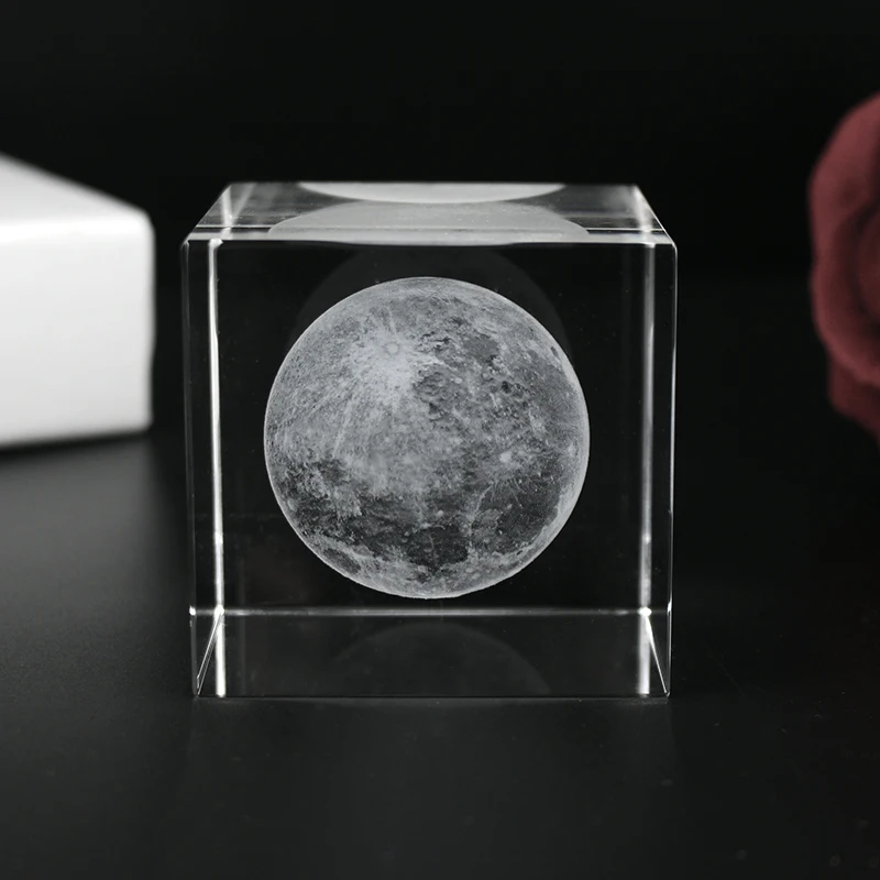 Unique Design Crystal 3D Laser Moon Cube Paperweight As Art Collection For Home Bar Table Decoration