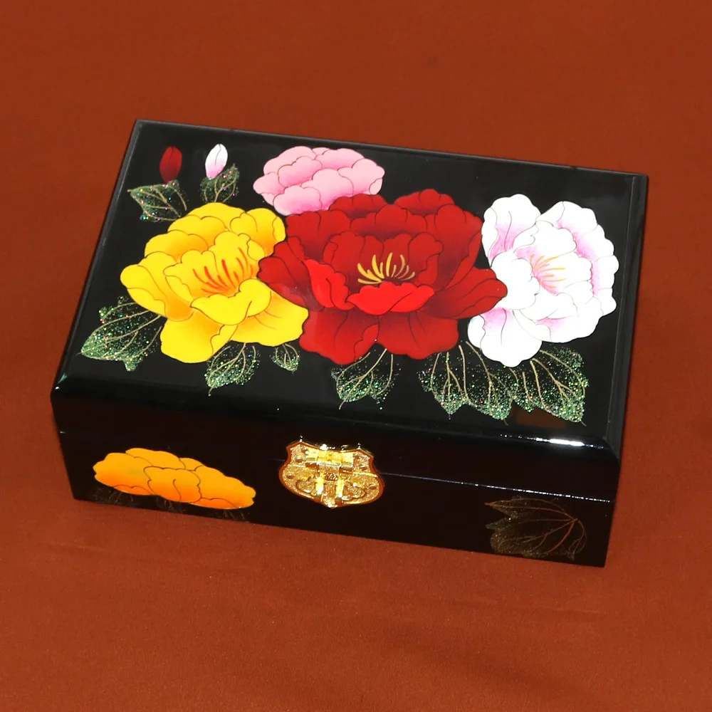 

China Pingyao hand push light lacquer Dressing box Chinese lacquerware jewelry necklace bangle wooden casket Cosmetic case craft