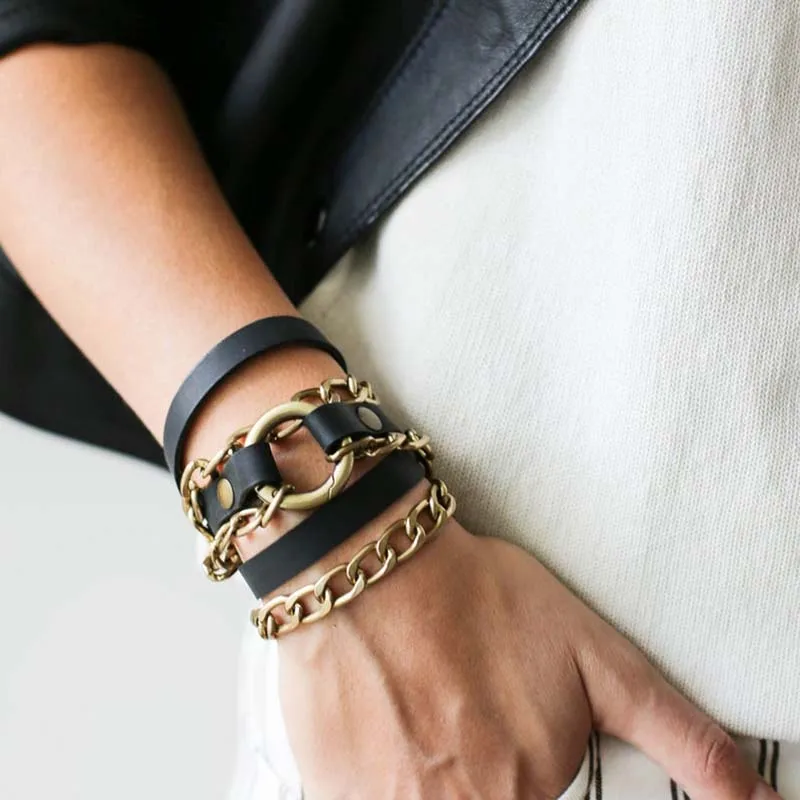 2023 New Fashion Real Black Leather Bracelets For Women Punk Bangle Adjustable Length Bohemia Holiday Male Jewelry