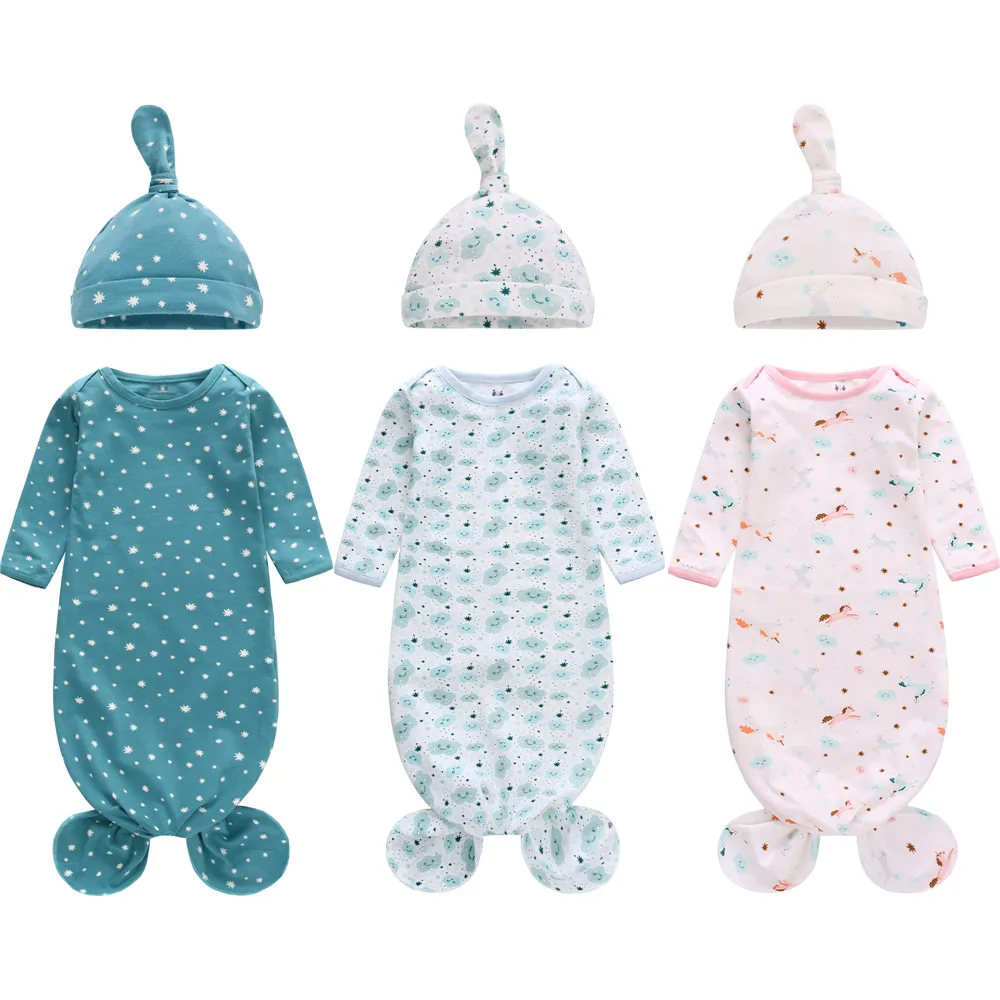 Knotted Baby Gown Long Sleeve Baby Sleeping Bags Super Soft Stretchy Nightgowns Newborn Sleepwear with Hat Set for 0-12 Months