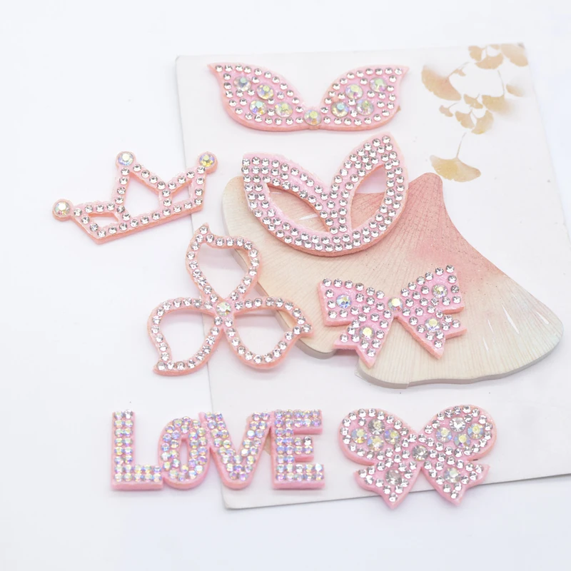 15Pcs Pink Bows Crowns Flowers Ears LOVE Rhinestone Patches for Clothes Crafts Sewing Headwear Applique Jewelry Decor Supplies