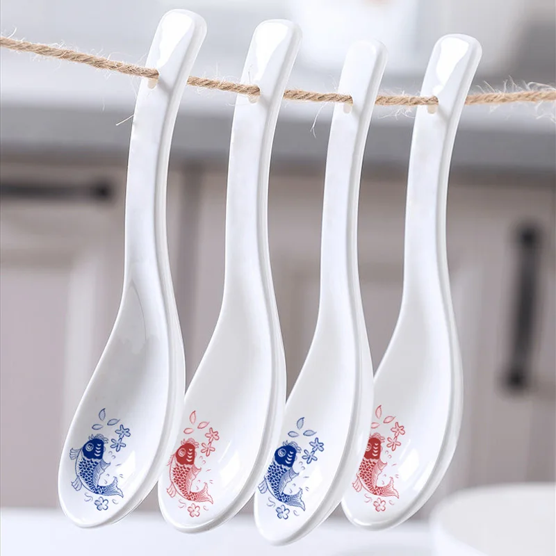 6PCS/Lot Ceramic Spoons Fish Pattern Small Rice Spoon Kitchen Accessories Seasoning Scoop Soup Ladle Porcelain Tableware Scoops