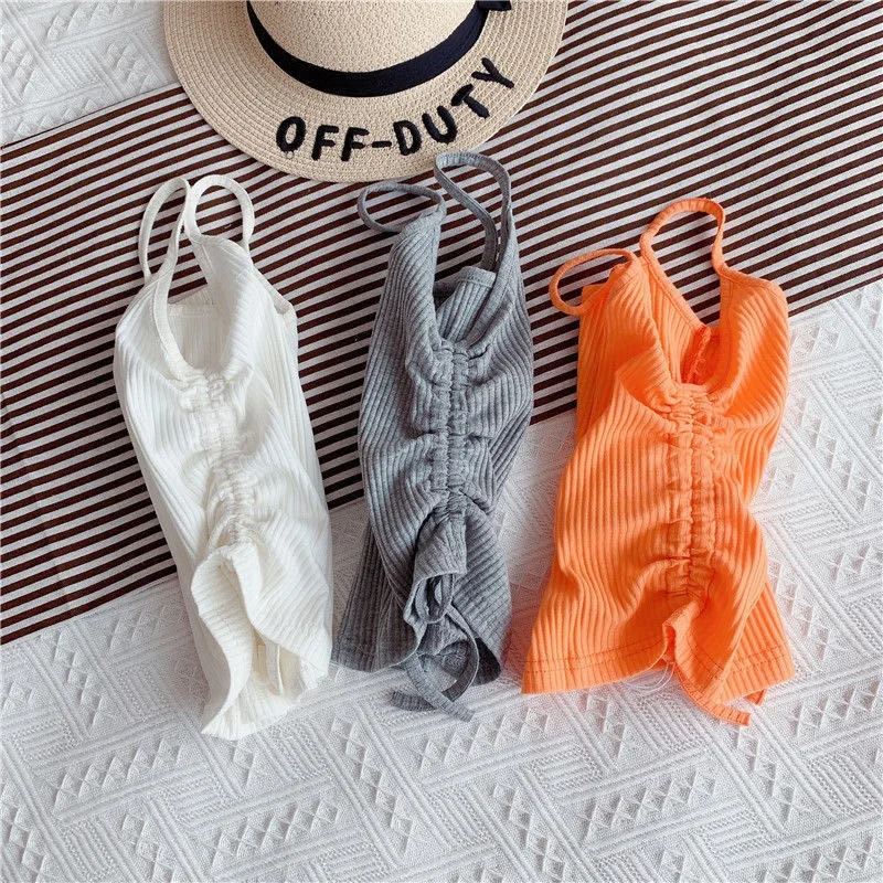 Fashion Baby Girl Cotton Ribbed Vest Infant Toddler Girl Strap Tshirt Sleeveless Tee Top Striped Drawstring Solid  1-7Y