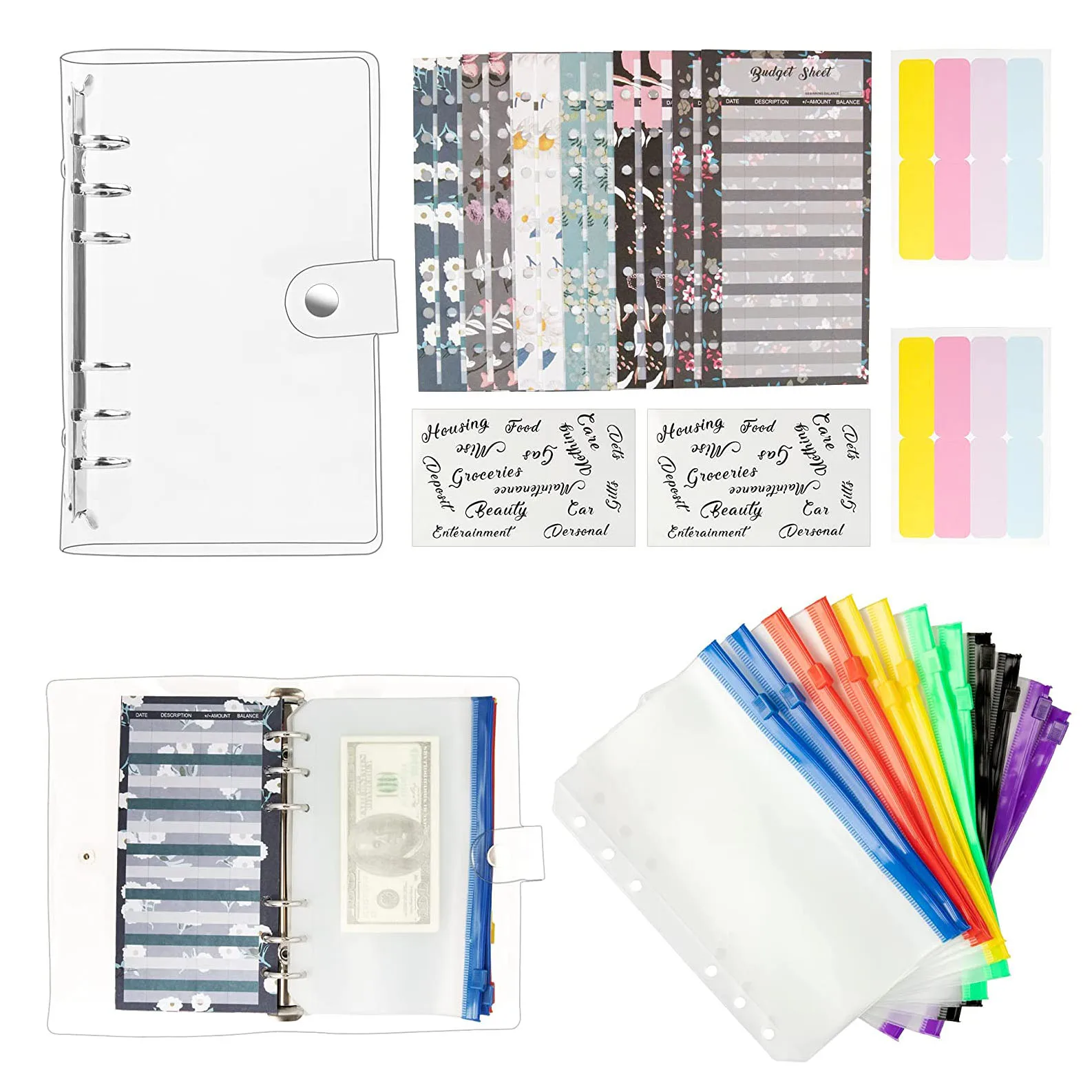 29 Pieces A6 Binder PVC Notebook Cash Envelopes Budget Planner Organizer with Binder Zipper Pockets, Budget Sheets and Labels