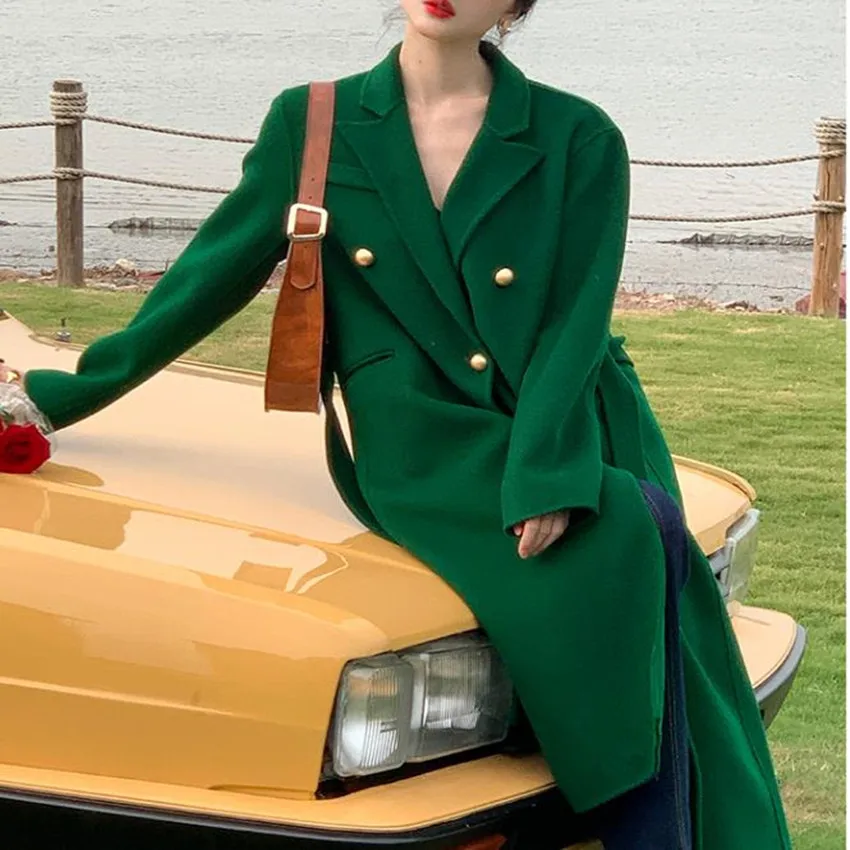 

New arrival winter vintage double faced wool blaneds overcoat women green belted x-long woolen outwear