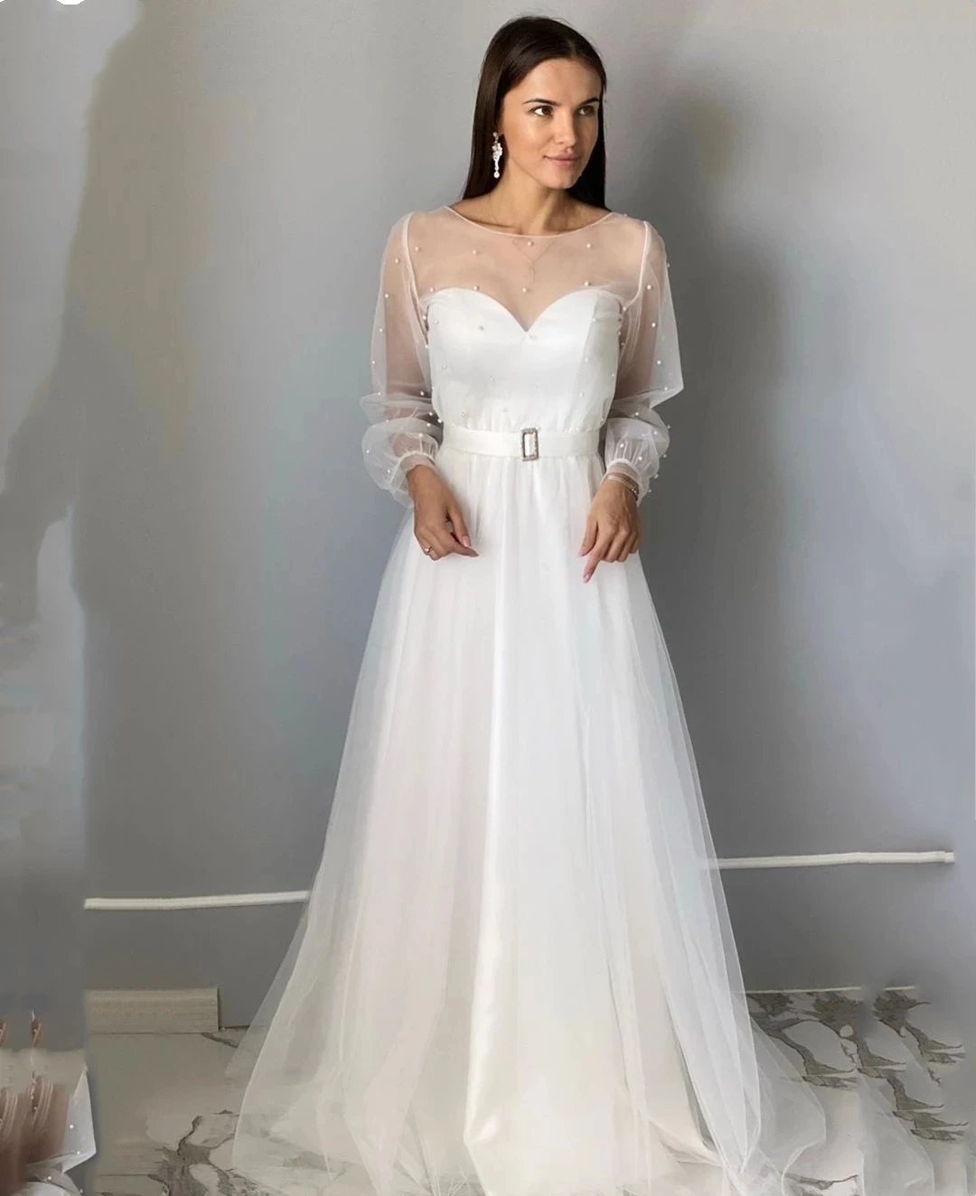 Weiyin AE0736 Einfache Langarm Plain Chiffon hochzeit kleid 2023 Mit Gürtel Schärpe Bodenlangen Tüll Organza Weiß Mit Perlen