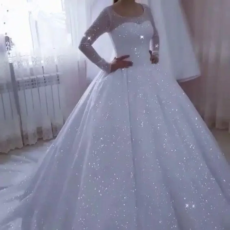 Vestido De Mariee abiti da sposa scintillanti da sposa 2021 abito da ballo maniche lunghe Plus Size abiti da sposa con paillettes principessa