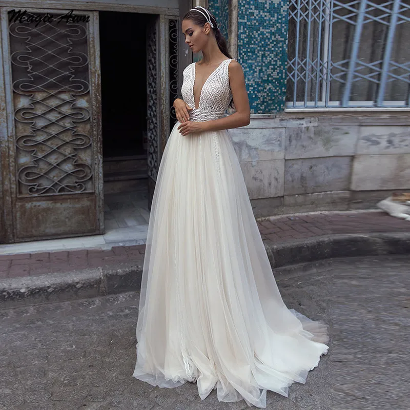 Mágica awn vestidos de noiva leve, roupão de casamento de tule com costas abertas, linha a, champanhe, boho