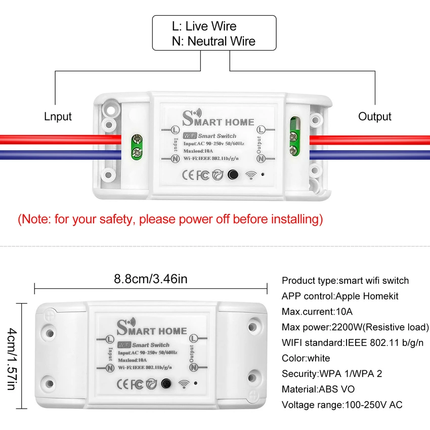 Smart WiFi Wireless Light Switch WIFI Relay Timer Switch Module Voice App Control Remote Compatible for IOS Homekit 110-230V 10A