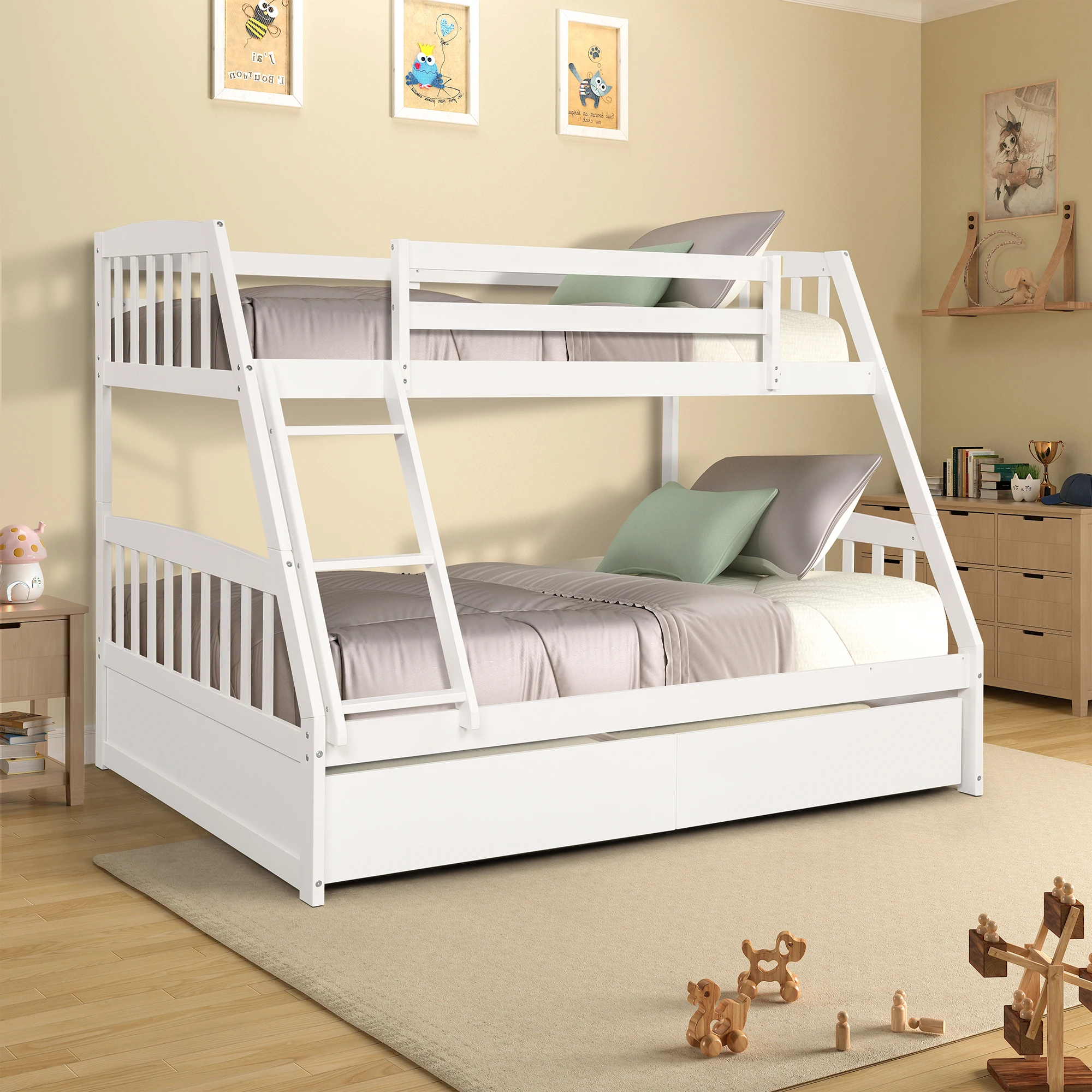 Two Colors US Warehouse Solid Wood Twin Over Full Bunk Bed with Two Storage Drawers  Bedroom Furniture In Stock for Livingroom