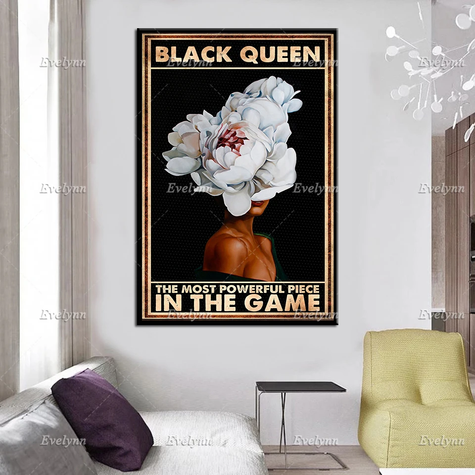 Black Queen The Most Powerful Piece In The Game Poster, African American Canvas, Flower Head, Printable Wall Art, Home Decor