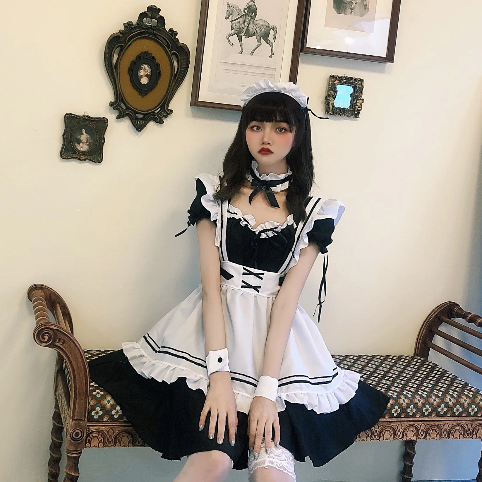 Vestidos Lolita pretos para mulheres, Maid Outfit, Traje Cosplay Gato Bonito, Vestido de avental, Trajes de Halloween, Terno