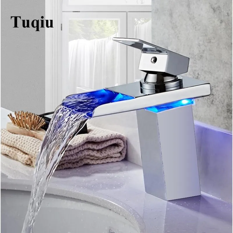 

LED Basin Faucet Waterfall Sink Taps Colors Change with Temperature Bathroom Mixer Brass