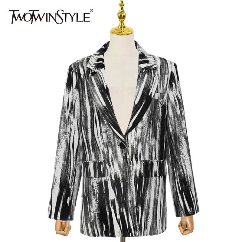 

TWOTWINSTYLE Casual Loose Colorblcok Tie Dye Blazers For Women Notched Long Sleeve Fashion Jackets Female 2022 Style Clothing