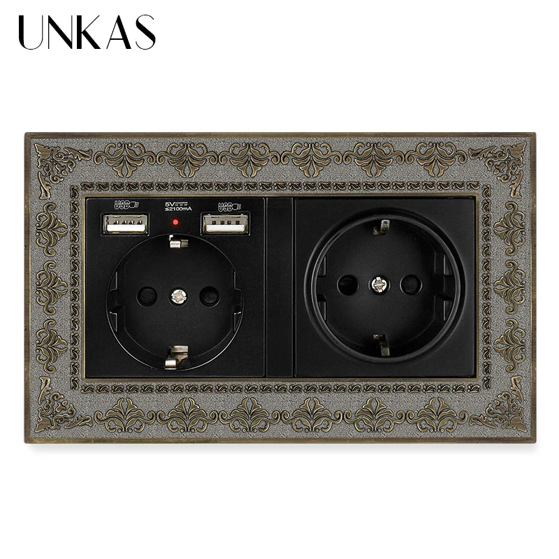 

UNKAS Dual French Standard Wall Socket With 2 USB Charge Port 146MM*86MM Hidden Soft LED Indicator 4D Embossing Zinc Alloy Panel