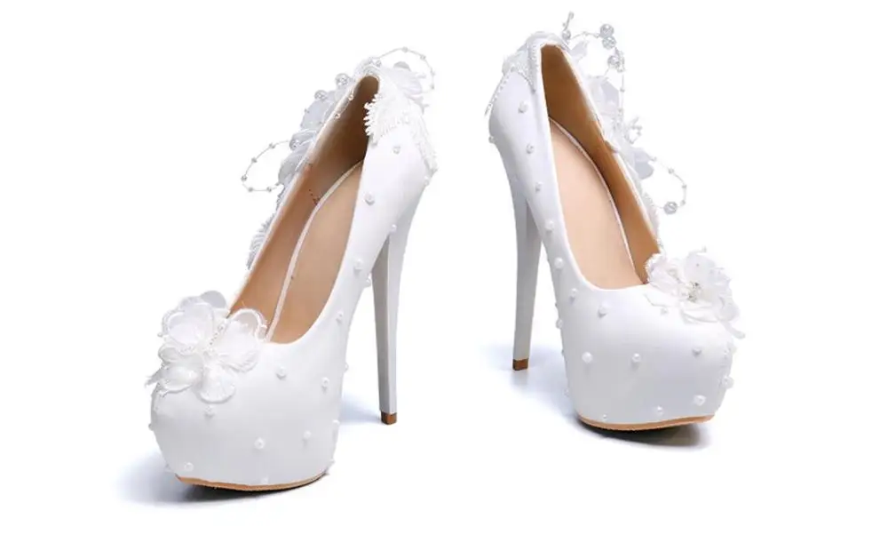 Lace Woman Pumps Shoes Wedding Shoes Platform Pearl White Sexy Stiletto High Heels 14CM Female Shoes Pumps Princess Dress Shoes