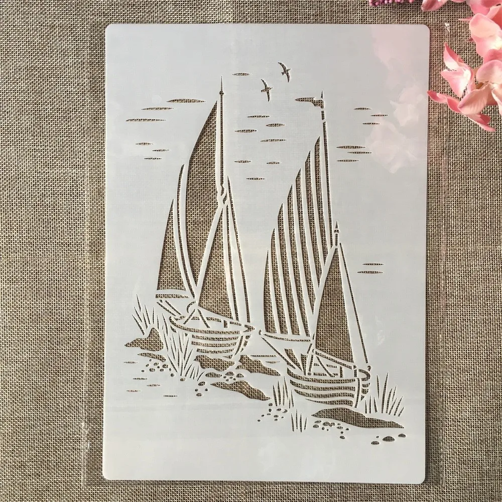 4Pcs A4 29cm Sailboat Lighthouse Iceberg DIY Layering Stencils Painting Scrapbook Coloring Embossing Album Decorative Template