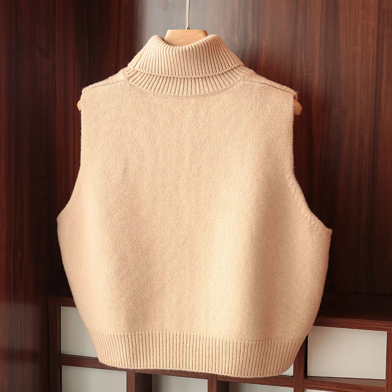 Stereo Cable Turtleneck 100% Fine Wool Big Turn-Down Collar Knitted Women Vest Short Vintage Sleeveless Sweater Twisted Thick