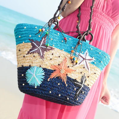 Bohemian Hand-embroidered Starfish Straw Bags Beaded Wicker Woven Women Shoulder Bag Rattan Handbag Summer Beach Large Tote 2021