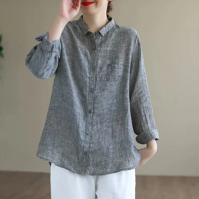 Women Cotton Linen Casual Shirt New Arrival 2021 Autumn Vintage Style Solid Color Loose Ladies Long Sleeve Elegant Tops B1139