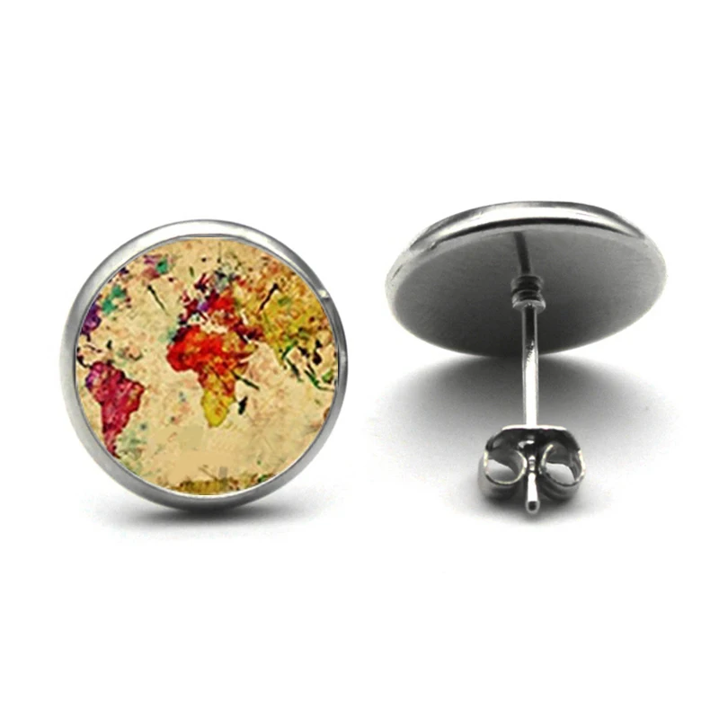 Retro World Earth Studs Earrings World Map Glass Earrings Globe Jewelry World Earth World Travel Stud Earrings for Woman Men