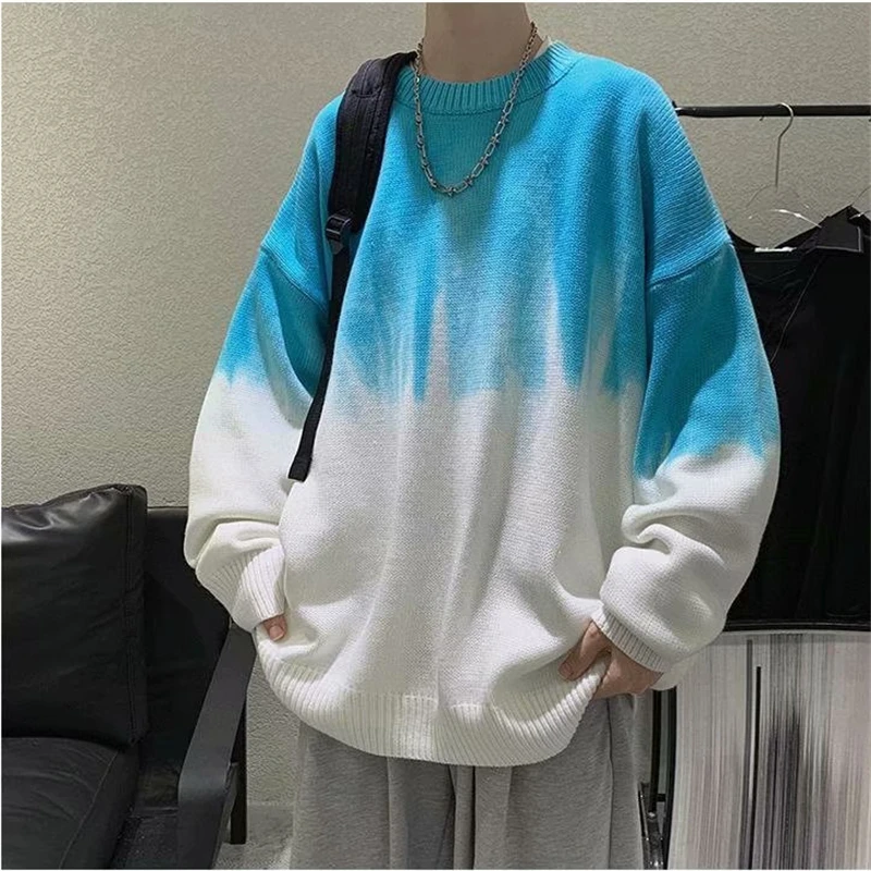 

New Casual Gradient Sweater Men Autumn Winter Knitwear Male High Street Harajuku P-neck Knitted Sweaters Male