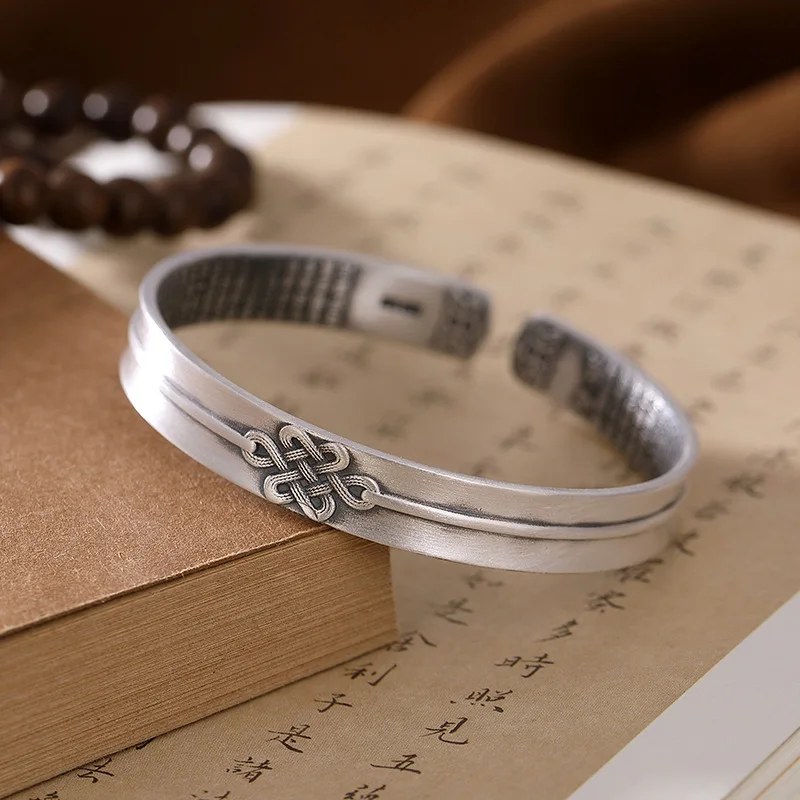 ★through ring opening Chinese knot heart dumb light solid national wind restoring ancient ways is fine silver bracelets