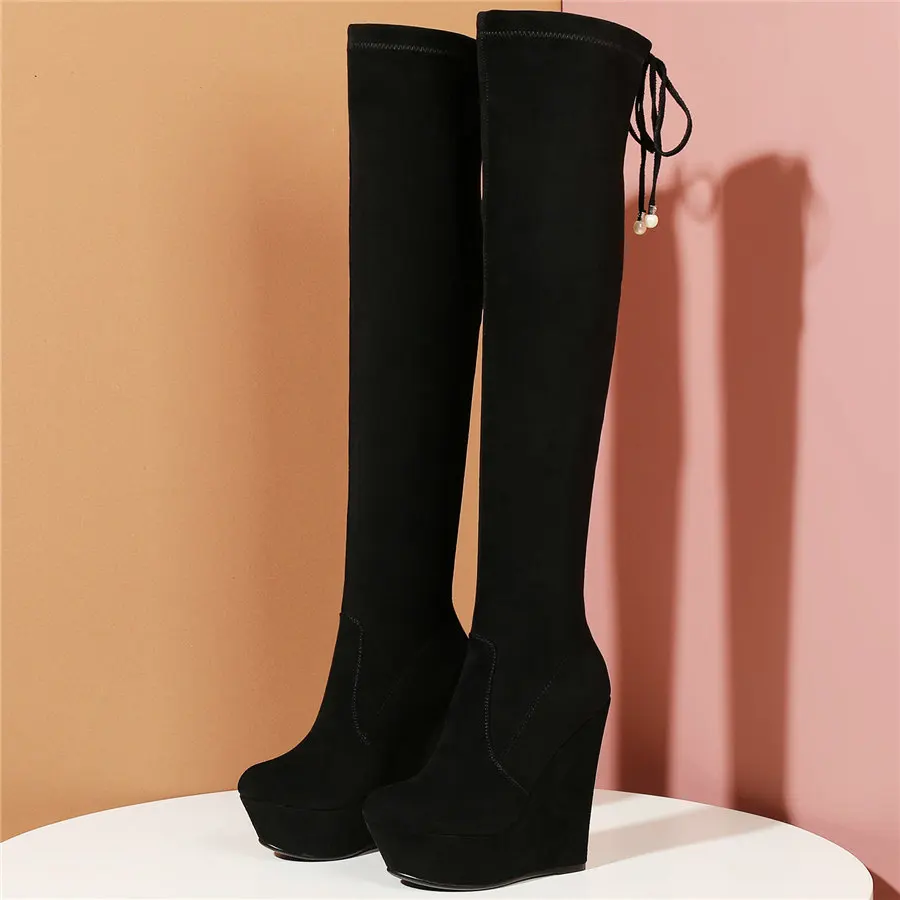 Women Lace Up Stretchy Velvet Wedges High Heel Over The Knee High Motorcycle Boots Female Chunky Platform Thigh High Pumps Shoes