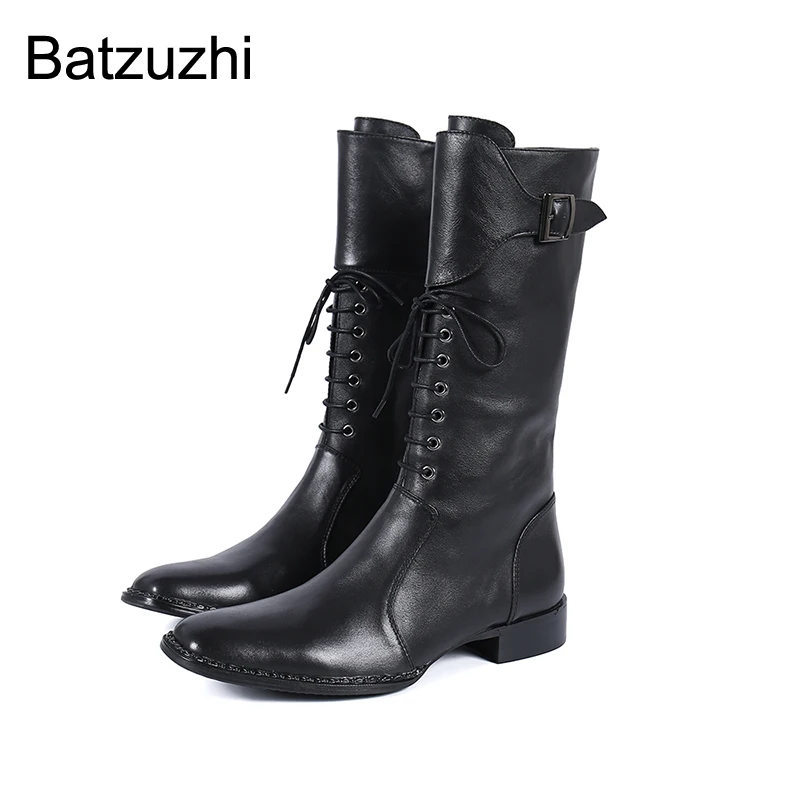 

Batzuzhi Western Cowboy Men's Boots Pointed Toe Black Genuine Leather Medium Calf Boots Men Motorcycle Lace-up Buckles, EU38-46