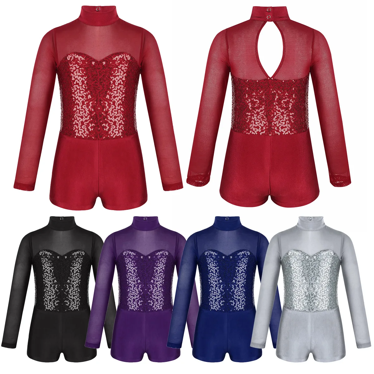 Kids Long Sleeves Sequins Tulle Splice Ballet Gymnastics Leotards Unitards Workout Jumpsuit Girls Stage Performance Dance Wear