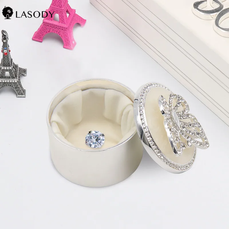 Crystal Butterfly Silver Plated Jewelry Box Wedding Ring Trinket Box Velvet Engagement Ring Pendant Jewelry Display Box Gift