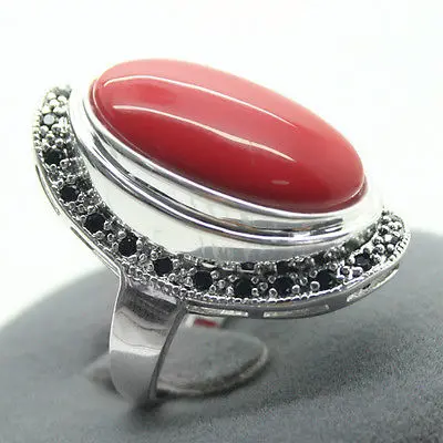 

17X30mm Red Coral 925 Sterling Silver Marcasite Ring stone Band Ring Size 7/8/9/10# wedding jewelry rings