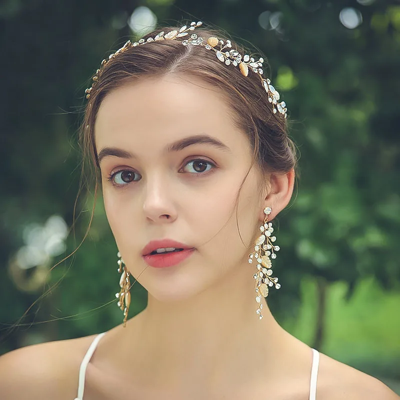 

SLBRIDAL Wired Rhinestone Opal Crystal Shell Flower Leaf Wedding Jewelry Set Bridal Headband Earring Bracelet Set Women Jewelry