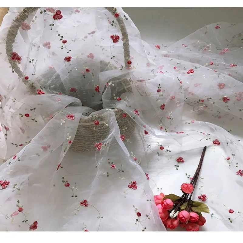 Rose Organza Fabric Diy Craft Tulle Embroidered Lace Fabric Gauze Transparent Fabric Dress Garment Sewing Materiel Tissue Voile