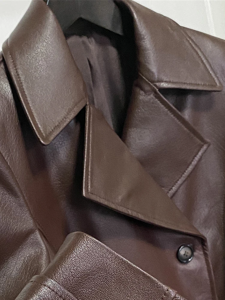 Lautaro Lente Herfst Lange Rode Wijn Zachte Faux Lederen Trenchcoat Voor Vrouwen Riem Double Breasted Luxe Elegante Mode 2022