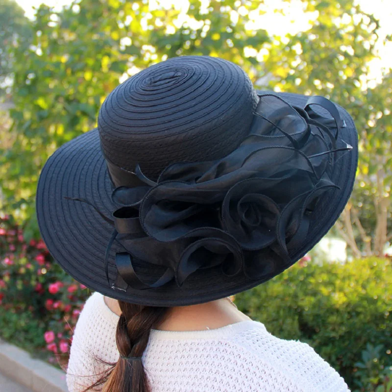 Red Women Charming Hat Wedding Kentucky Derby Hat Ladies Flower Hat Wide Brim Tweed Organza Visor Cap