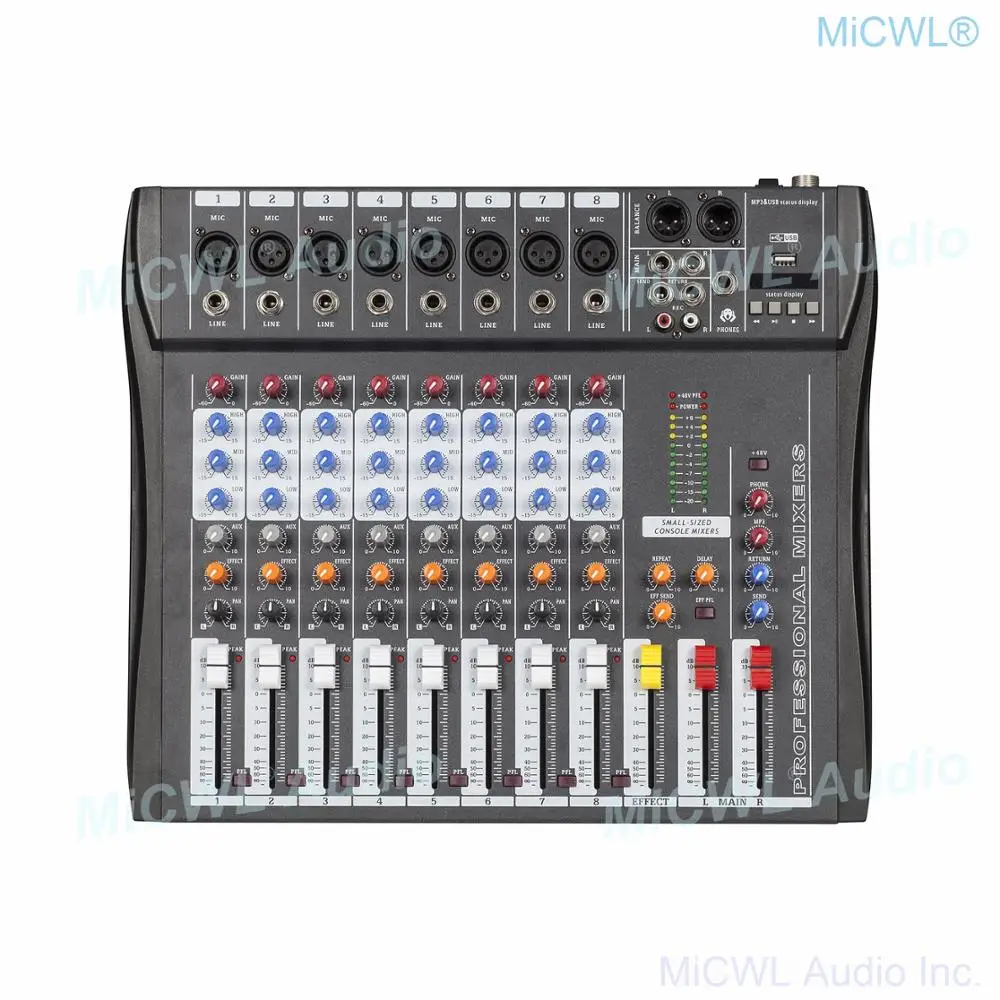 높은 품질 8 마이크 채널 블루투스 믹싱 콘솔 사운드 믹서 48V USB DSP MiCWL CT800
