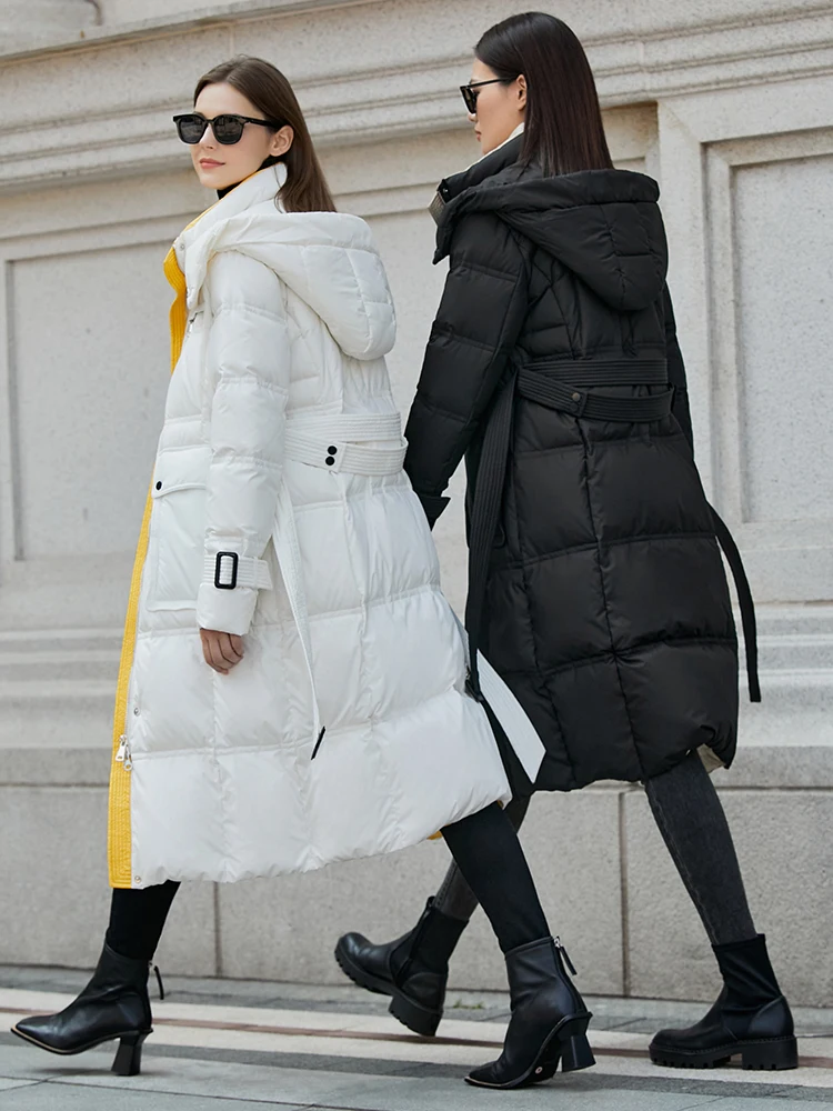 Amii-abrigo de plumón de pato blanco para mujer, Chaqueta larga con capucha, gruesa, cálida, 90, invierno, 12130492