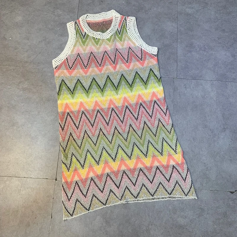 Summer Knit Mini Dress Women Rainbow Striped Dress Ladies Sleeveless Hollow Out Patchwork Sundress Fashion Casual Robe Femme