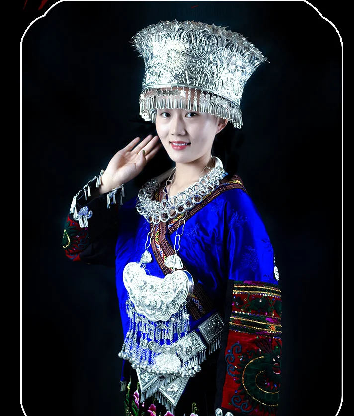 Sombrero de plata Miao Guizhou, tocado de plata Miao, joyería con cuello, traje de danza folclórica étnica china