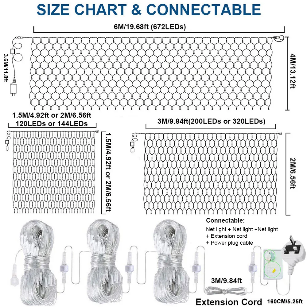 Phích Cắm UK 6X4M Đèn LED Lưới Đèn Giáng Sinh Trang Trí Ngoài Trời Bush Lưới Đèn Kết Nối Được Chống Nước 8 Chế Độ Cổ Tích dây Đèn