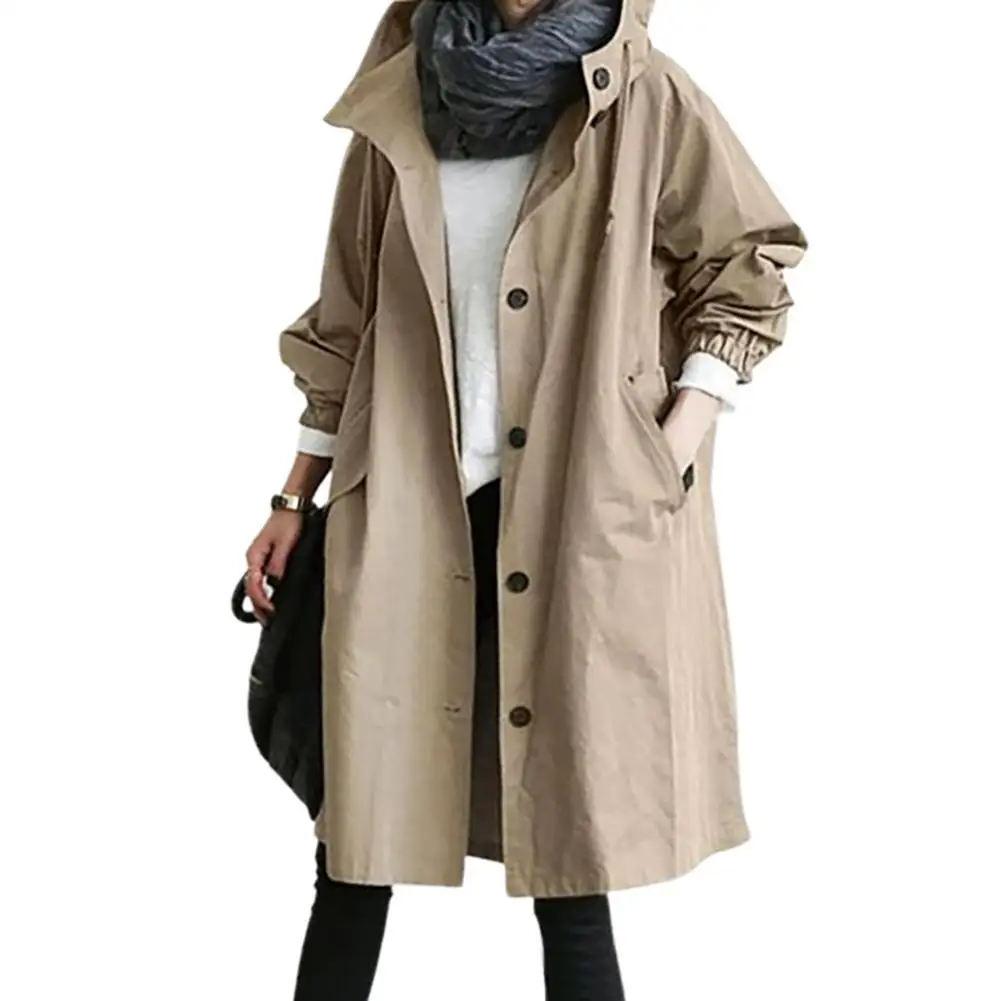 

Women Autumn Fashion Solid Color Pocket Hooded Windbreaker Long Trench Coat Outerwear 2021 Hot Simple Style Windcheaters