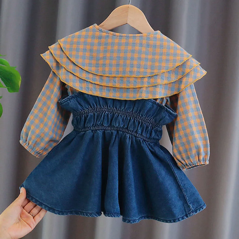 Toddler Kids Baby Girls Plaid Blouse Sling Denim Dress Spring Long Sleeve Tops Infant Girls Dress for Children Clothes Sets 2021