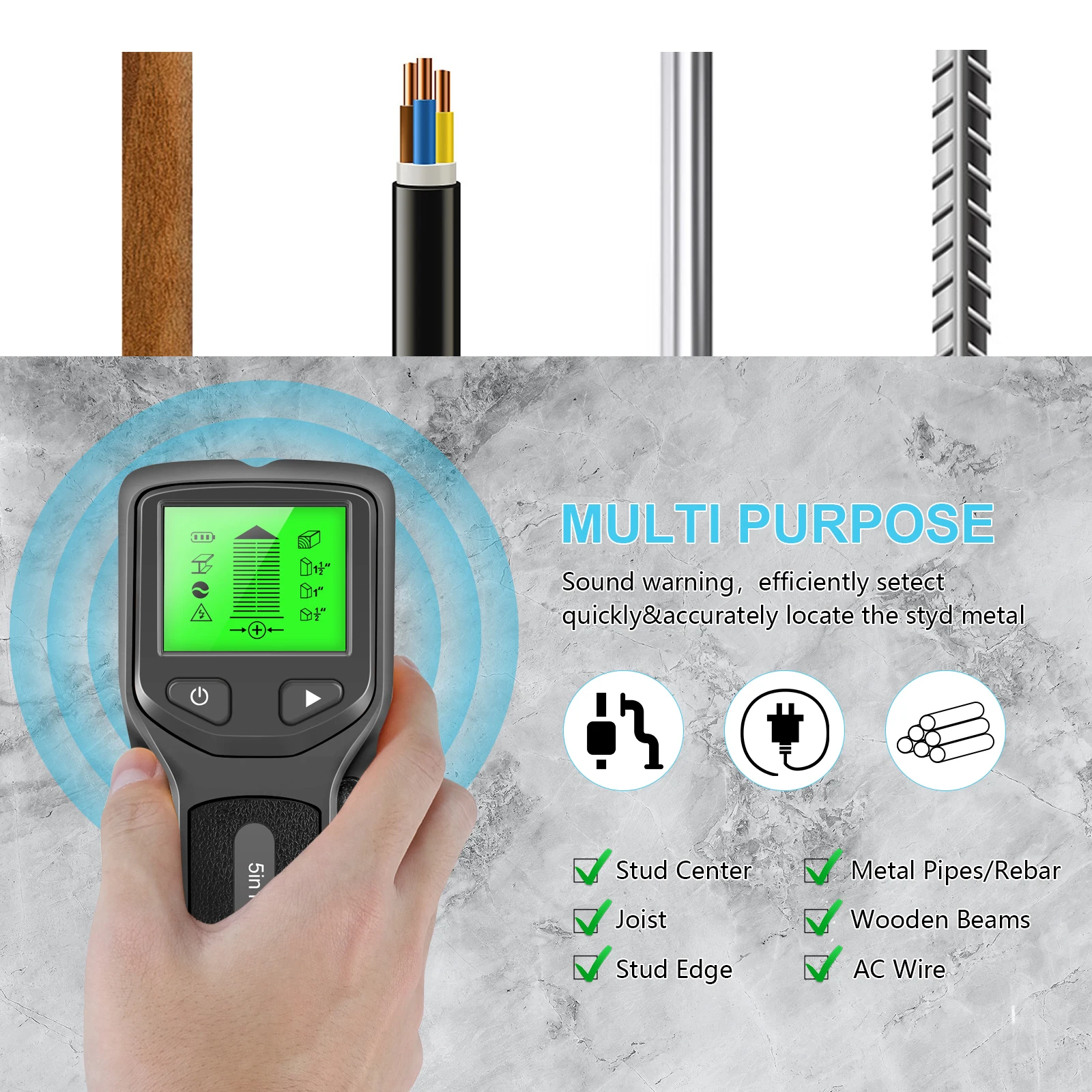 5 In 1 Metal Detector Wall Detector Wall Thickness Gauge Backlight Wall Stud Finder Electronic Wall Scanner Gold Finder