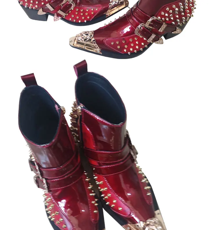 Frühlings-Herrenstiefel, rote Lederstiefel mit Nietenspitze, Modell, sozialer Kontakt, Erhöhung der Show, hochhackige Herrenstiefel aus Lackleder – Detail 2