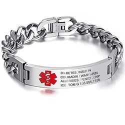 Medical Alert ID Stainless Steel Bracelet DIABETES EPILEPSY ALZHEIMER'S ALLERGY SOS Jewelry Free Engraving