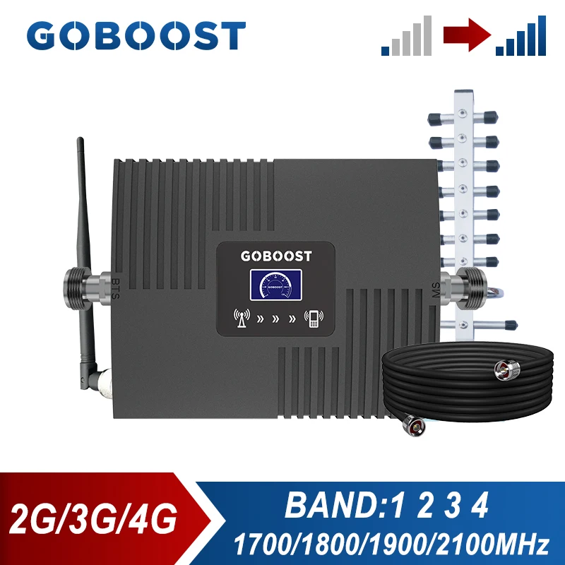 GOBOOST 2G 3G 4G Repeater 1700/1800/1900/2100MHz Signal Booster Band 1 2 3 4 Cell Phone Amplifier Antenna With 10M Cable Kit