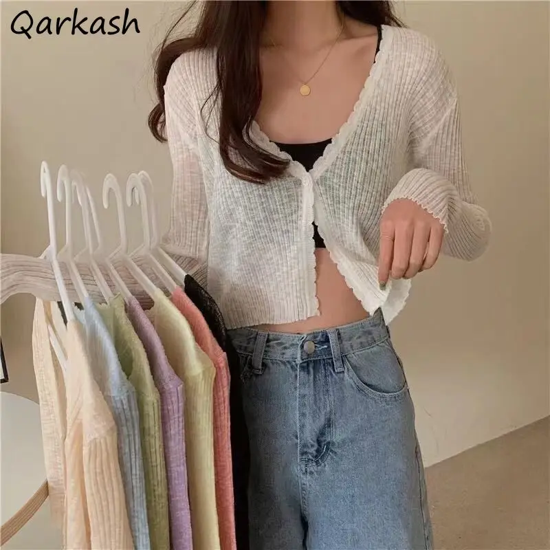 Cardigan Women Ins Knitted Sweater Flare Sleeve Daily V-Neck Candy Colors Solid Casual College Sun-proof Slim Summer See-through